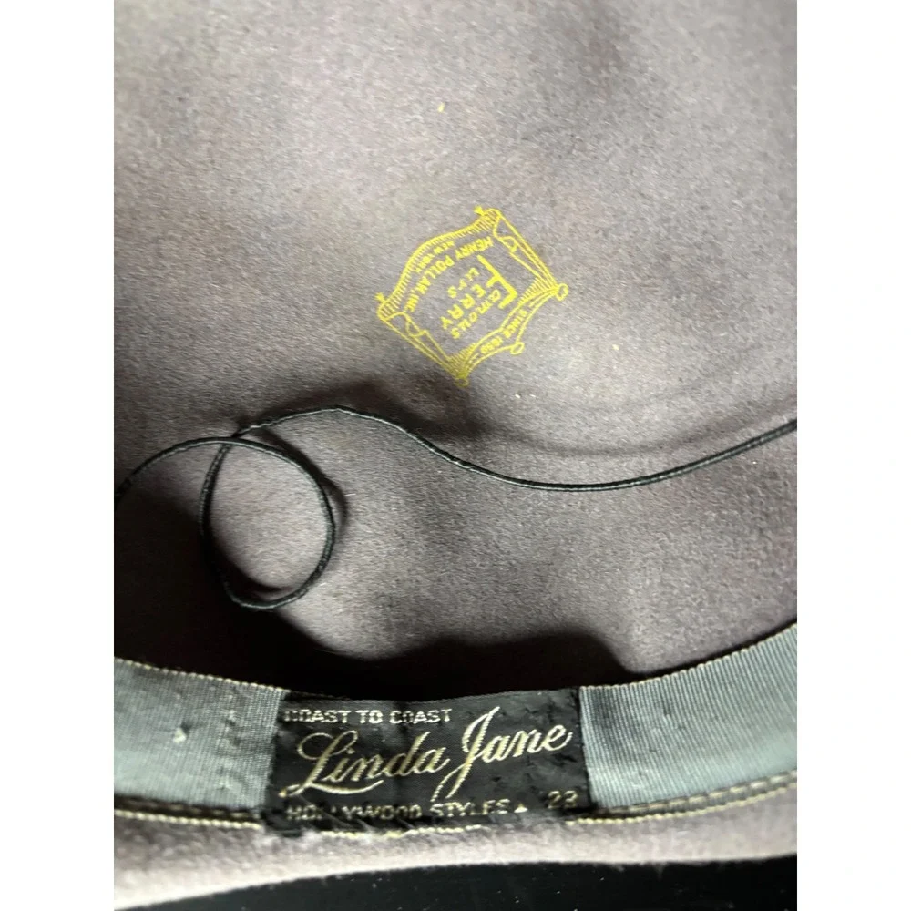 Vintage Linda Jane Hollywood Styles Taupe Wool Felt Hat Feather Netting 22